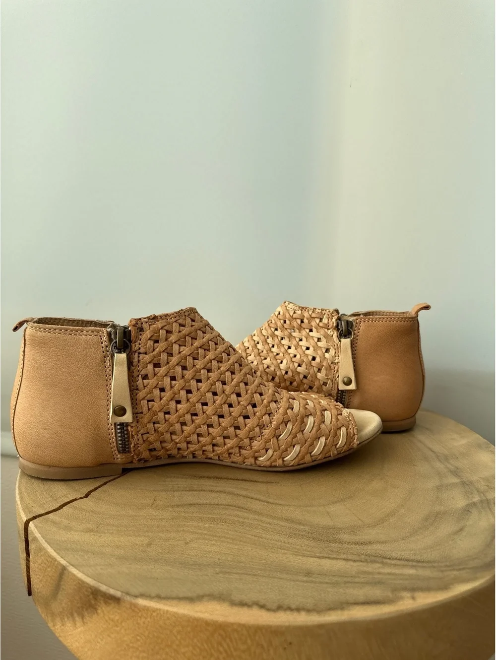 Sundance Asheville Woven Leather Booties 37 Tan Peep Toe Made in Italy